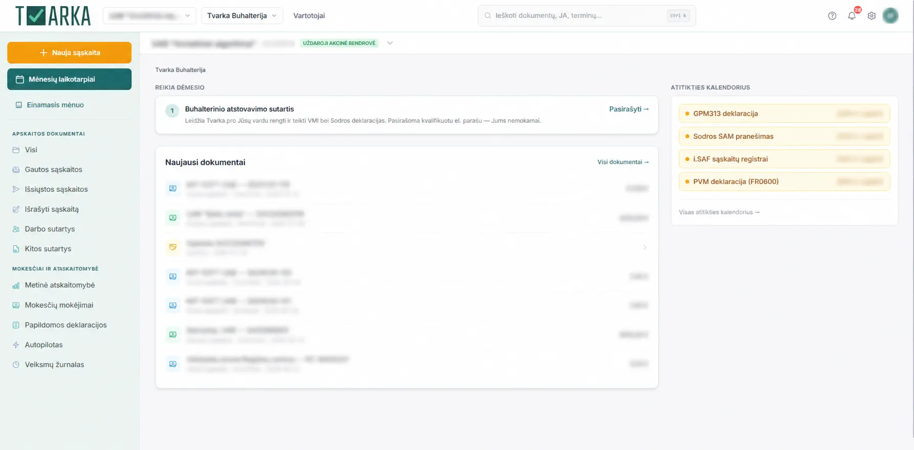 Tvarka Buhalterija document overview with document names and amounts hidden