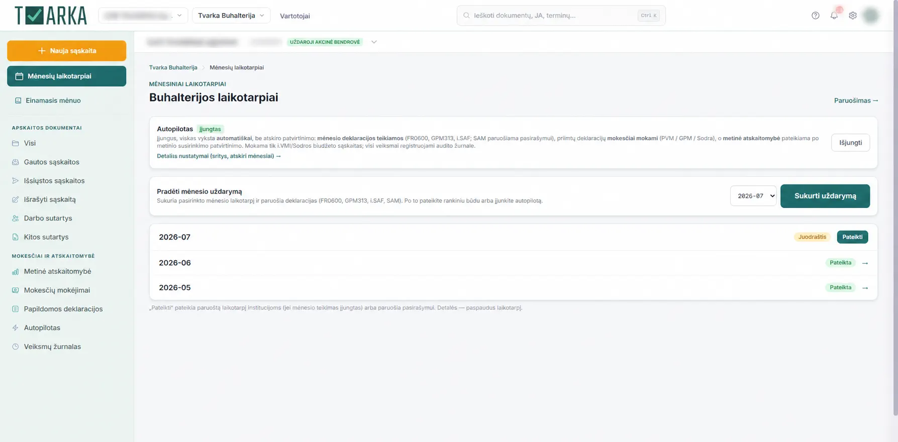 Tvarka Buhalterija monthly periods with company data hidden