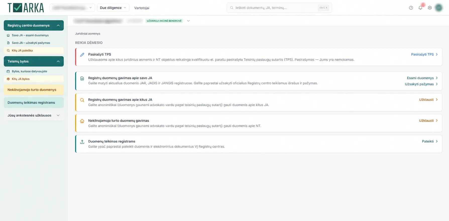 Tvarka Due diligence workspace with legal-entity data hidden