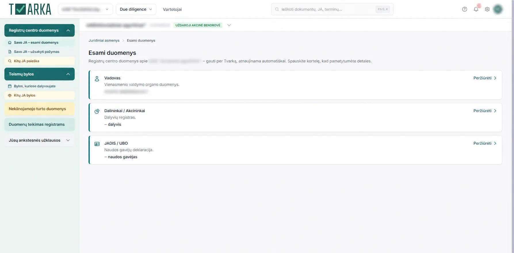 Tvarka Due diligence Centre of Registers (Registrų centras) data with personal data hidden