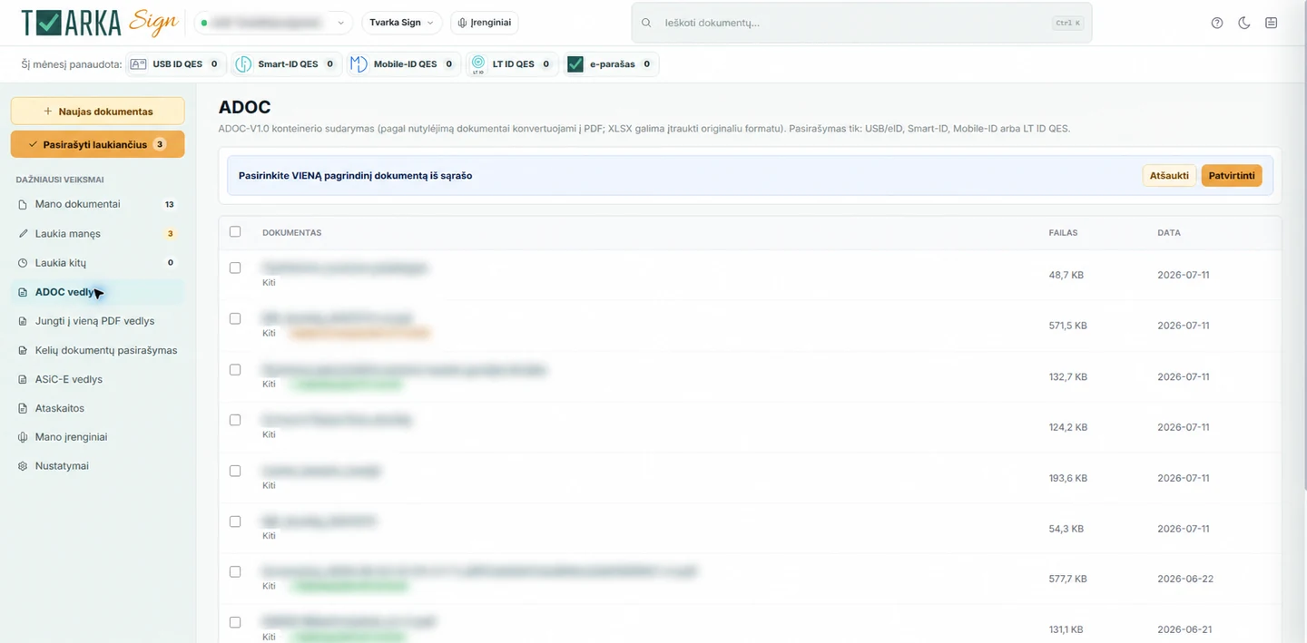 Tvarka Sign ADOC wizard with document names hidden